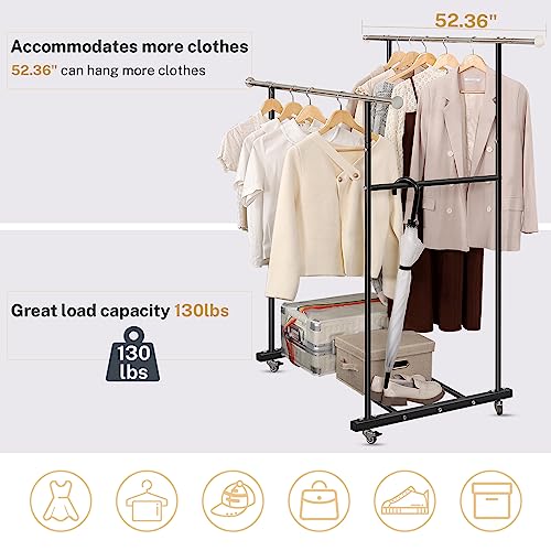 VICERII Clothes Rack, Double Clothing Rack with Wheels and Extra Wide Bottom Shelf, 52.36’’ Heavy Duty Garment Racks for Hanging Clothes, Coats, Shirts, Skirts, Dresses, 130LB Capacity, Black - color: Matte Black, size: Double