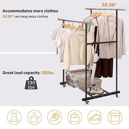 VICERII Clothes Rack, Double Clothing Rack with Wheels and Extra Wide Bottom Shelf, 52.36’’ Heavy Duty Garment Racks for Hanging Clothes, Coats, Shirts, Skirts, Dresses, 130LB Capacity, Black - color: Matte Black, size: Double