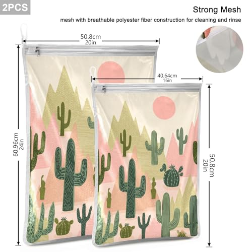 Mesh Laundry Bags Lingerie Bags for Washing Delicates 2 PCS Durable Wash Bag with Zipper Small and Medium Washable Boho Cacti Mountains Sun - color: Boho Cacti Mountains Sun