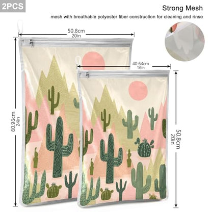 Mesh Laundry Bags Lingerie Bags for Washing Delicates 2 PCS Durable Wash Bag with Zipper Small and Medium Washable Boho Cacti Mountains Sun - color: Boho Cacti Mountains Sun