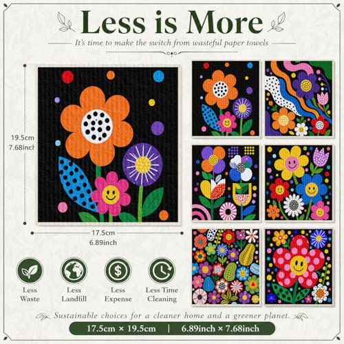 Shwing Swedish Dishcloths for Kitchen 6 Pack Retro Colorful Floral Smile Face Reusable Paper Towels Kitchen Towels Dish Cloths for Washing Dishes Washable Quick Drying Absorbent Cleaning Cloths - color: Retro Colorful Floral