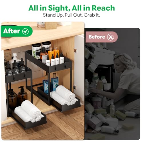 Ekisemio 2 Pack 2-Tier Under Sink Organizers with Sliding Drawer, Black