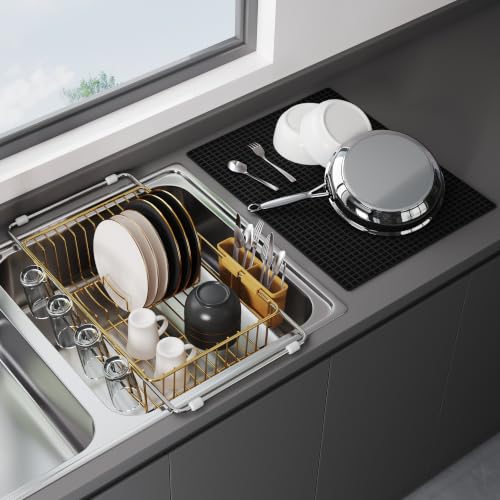 JASIWAY Gold Dish Drying Rack in Sink with Mat, Cups and Utensil Holder - color: Gold, size: For 12"-30"w Sink, with Mat