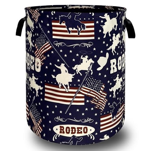 Western Cowboy Laundry Basket Oxford Cloth Foldable Hamper 18.9x16.5 Inch - color: Western Cowboy With American Flag