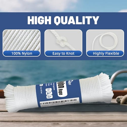 NEWSEED 100 Ft 1/8 Inch Nylon Rope Heavy Duty Utility Rope (White) - size: 1/8 In x 100FT, style: White