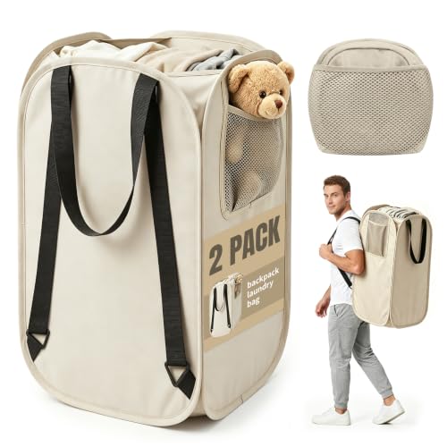 House Again 2 Pack 76L Laundry Backpack, 210D Oxford Heavy Duty Laundry Bag Backpack with Adjustable Shoulder Straps,Foldable Laundry Bag for College Dorm and Travel, Beige - color: Beige, size: 2-Pack