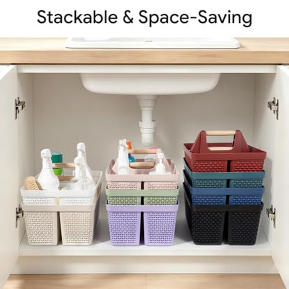 UUJOLY Portable Plastic Shower Caddy Basket with Wooden Handle, White - color: White