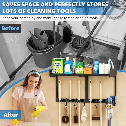 27" Mop and Broom Holder Wall Mount with Top Storage Shelf & Hooks,Black - color: Black, size: Large