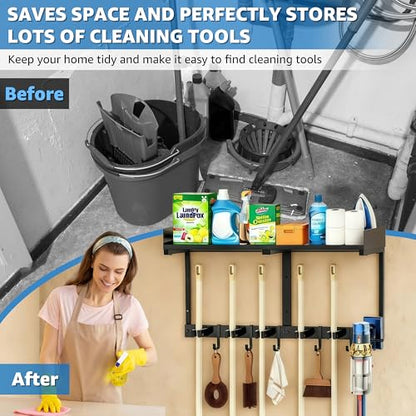 27" Mop and Broom Holder Wall Mount with Top Storage Shelf & Hooks,Black - color: Black, size: Large