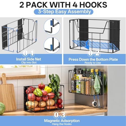 DTUQYX 2-Pack Magnetic Folding Storage Shelf, No Drill Heavy Duty Organizer with 4 Hooks Magnetic Basket Shelves for Laundry Kitchen RV Refrigerator Washing Machine Garage - size: 16.72"×10.5"