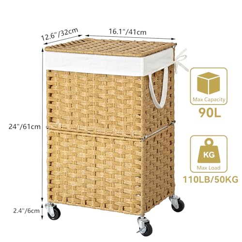 Chrislley Wicker Laundry Basket with Wheels,Rolling Laundry Hamper with Lid - color: Yellow