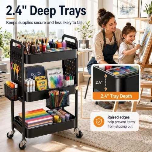3 Tier Black Rolling Storage Cart Metal with DIY Pegboard and Wheels - color: Black