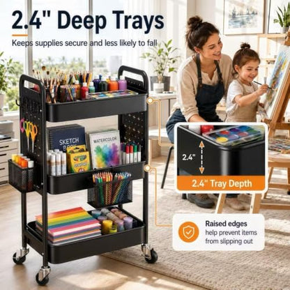 3 Tier Black Rolling Storage Cart Metal with DIY Pegboard and Wheels - color: Black