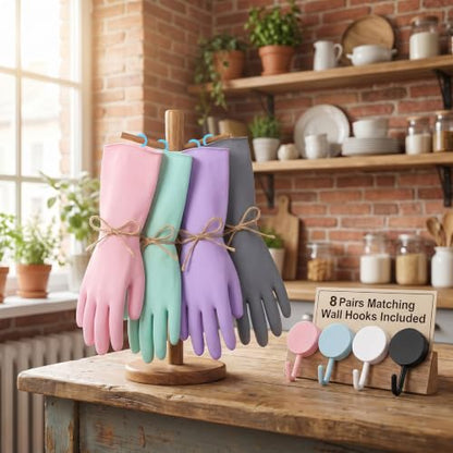 8 Pairs Dish Washing Gloves Bulk with 20 Pcs Hanging Hooks - Heavy Duty Rubber Guantes Para Lavar Platos for Kitchen & Cleaning, Non-Slip, Waterproof, Reusable Dishwashing Gloves Long Cuffs