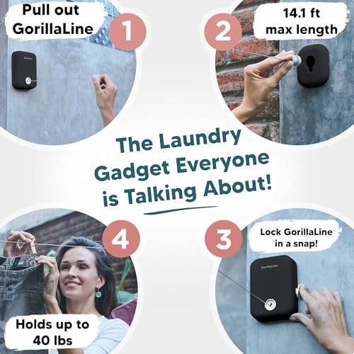 GorillaLine - Retractable Clothesline Indoor Outdoor Clothes Line - Heavy Duty Clothes Drying Laundry Line - Wall Mounted Drying Rack - Air Dry Clothing - color: Black