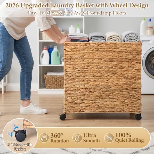 Livole Wicker Laundry Hamper with Lid & Wheel, Rattan Laundry Basket, 120L - color: Natural, size: 120L