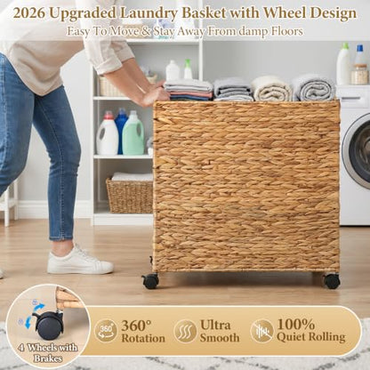 Livole Wicker Laundry Hamper with Lid & Wheel, Rattan Laundry Basket, 120L - color: Natural, size: 120L