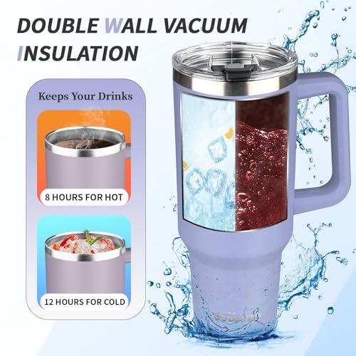 40 oz Tumbler with Handle, Insulated Tumbler with Lid and Straw, Reusable Stainless Steel Vacuum Insulated Cup, 100% Leak Proof Thermal Travel Coffee Mug Cup for Cold and Hot (Light Purple) - color: Light Purple, size: 40 Ounces
