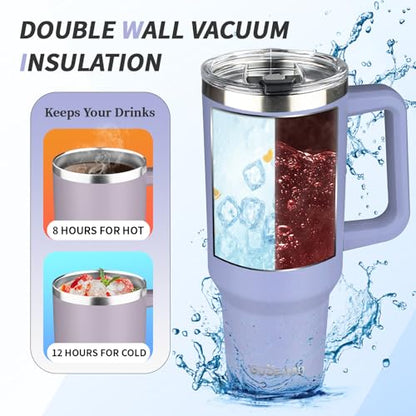 40 oz Tumbler with Handle, Insulated Tumbler with Lid and Straw, Reusable Stainless Steel Vacuum Insulated Cup, 100% Leak Proof Thermal Travel Coffee Mug Cup for Cold and Hot (Light Purple) - color: Light Purple, size: 40 Ounces