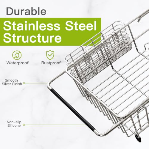 JASIWAY Stainless Steel Dish Drying Rack in Sink with Metal Utensil Holder - color: Silver, size: For 12"-30"w Sink, with Metal Utensil Holder