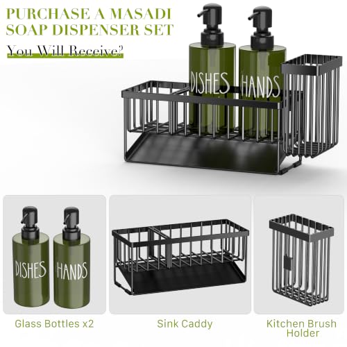 MASADI Kitchen Dish Soap Dispenser Set with Sponge Holder, 12OZ Glass Bottle, Hand and Dish Soap Dispenser Set, Non-Slip Silicone Pad, Brush Holder, Kitchen Sink Organizer Countertop (Black+Green) - color: Black+green