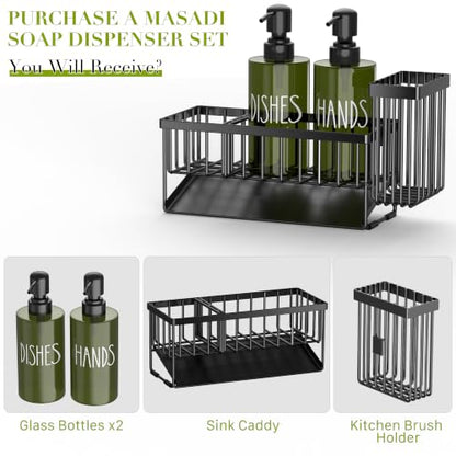 MASADI Kitchen Dish Soap Dispenser Set with Sponge Holder, 12OZ Glass Bottle, Hand and Dish Soap Dispenser Set, Non-Slip Silicone Pad, Brush Holder, Kitchen Sink Organizer Countertop (Black+Green) - color: Black+green