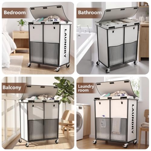 Laundry Hamper with Wheels and Lid, 225L Large Rolling Laundry Basket White - color: White, size: 225L