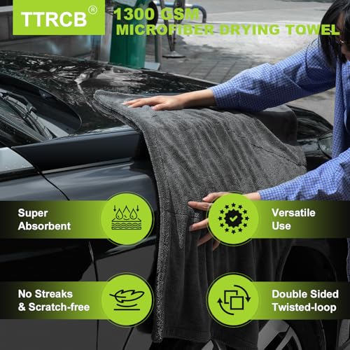 TTRCB 2 Pack 1300 GSM Car Drying Towels (36" x 24"), Microfiber Towels for Cars, Ultra-Absorbent, Streak Free, Car Wash Mitt, Car Detailing Supplies, Car Wash Kit, Car Cleaning Supplies Kit for SUV,RV - color: Grey, size: 36" x 24"