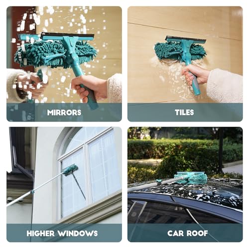 TelesPro 20 Feet High Reach Window Squeegee with 5-12Ft Extension Pole, Window Cleaner Tool with 3-Stage Telescoping Pole, Window Cleaning Kit with Rotatable Head (2 Squeegee & 2 Microfibre Cloths) - size: 12 FT