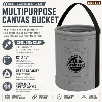 Graintex Canvas Utility Bucket 12"x15", Round Tool Bucket, Reinforced Base & Carry Handle, Ripstop Canvas, Multi-Purpose Bag for Jobsite, Home Use (Steel Grey) - color: Steel Grey
