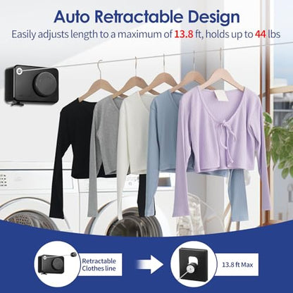 Retractable Clothesline Indoor, Non-Sagging Clothes Line Retracting Outdoors,13.8Ft Heavy Duty Clothes Drying Laundry Line, Wall Mounted Clothesline with 5pcs Hooks (RectangleBlack) - color: Black-13.8ft