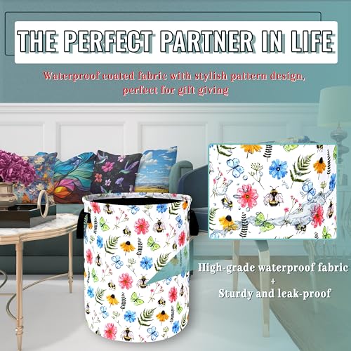 Cute Bee Floral Laundry Basket Oxford Cloth Foldable Hamper 18.9x16.5Inch - color: Cute Bees With Floral Flowers
