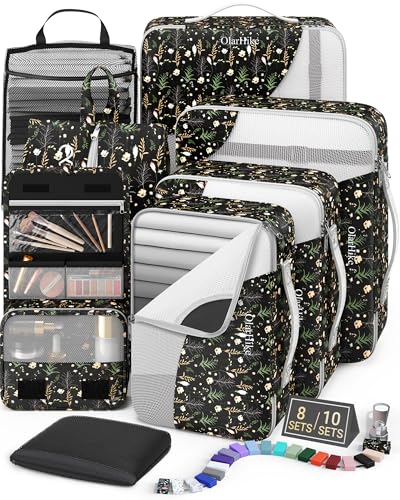 OlarHike Packing Cubes for Travel,Gifts for Women Mom,Anti-Tearing Suitcase Organizer for Luggage with Shoe & Hanging Toiletry Bag,Vacation Essentials & Accessories for Cruise Ship,8 Set,Black Flower - color: 14 Black Flower