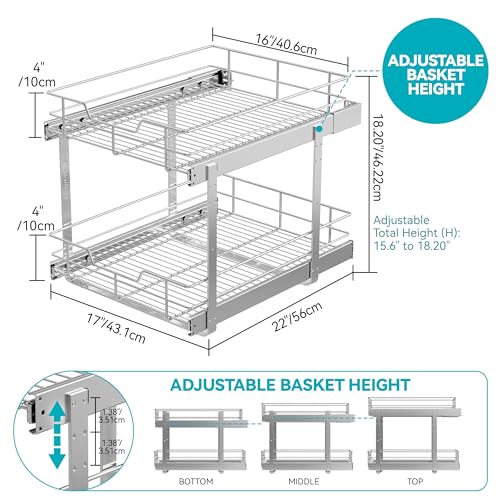 2 Tier Pull Out Cabinet Organizer 18" W X 22" D, Chromed, Full Slide Out - color: 2 Tier - Chrome-Plated, size: 18" W X 22" D