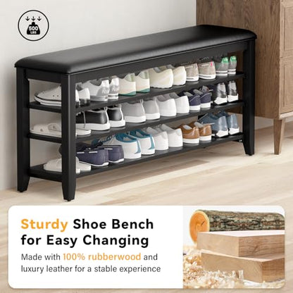 Taitiy Shoe Bench with 3 Tier Adjustable Shelves Rubberwood Entryway 47.2'' - color: Black, size: 47.2''