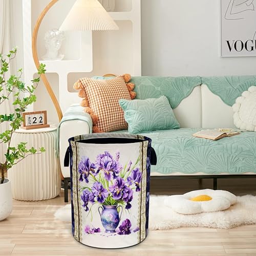 Purple Iris Flower Laundry Basket Oxford Cloth Floral Hamper 18.9 x 16.5 In - color: Iris Flower
