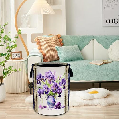 Purple Iris Flower Laundry Basket Oxford Cloth Floral Hamper 18.9 x 16.5 In - color: Iris Flower
