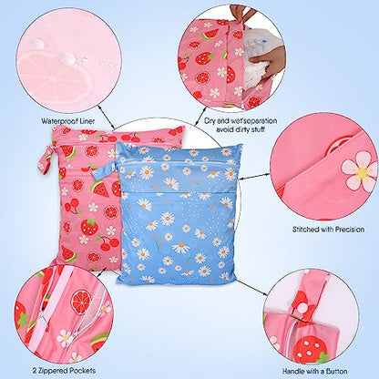 2pcs Travel Waterproof Laundry Bag, Cloth Diaper Wet Dry Bags with Handle & 2 Zipper Pockets, Reusable Washable Dirty Clothes Bag for Baby Adult Travelling Hanging, Bathing Beach Pool Daycare - color: Cartoon 2 Blue + Pink