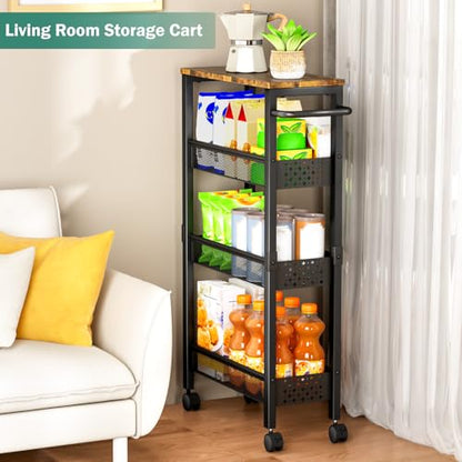Vivihomety 4-Tier Slim Utility Rolling Laundry Cart with Wheels, Metal - color: Black, size: 7.1 inch wide