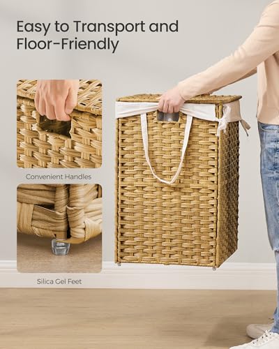 SONGMICS Laundry Hamper with Lid, 43.2Gal (160 L) Synthetic Rattan,Foldable - color: Goose Yellow, size: 160 L
