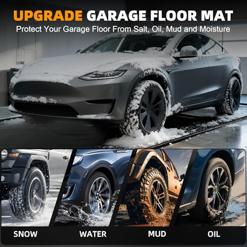 8'6"x22' Garage Floor Mat, Heavy Duty Containment Mat with a Squeegee Waterproof PVC Non-Slip Durable Protection from Snow, Rain and Mud, for Cars SUVs Trucks Parking Garages, Black - size: 8'6"x22'