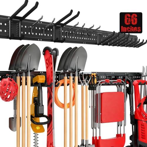 Garage Tool Organizer Wall Mount 66 inches with 13 Adjustable Heavy-Duty Hooks, Garage Organization, Garden Tool Storage Rack, Yard, and Shed, Holds Up to 520 lbs - size: 66" | 4 Panels + 13 Hooks