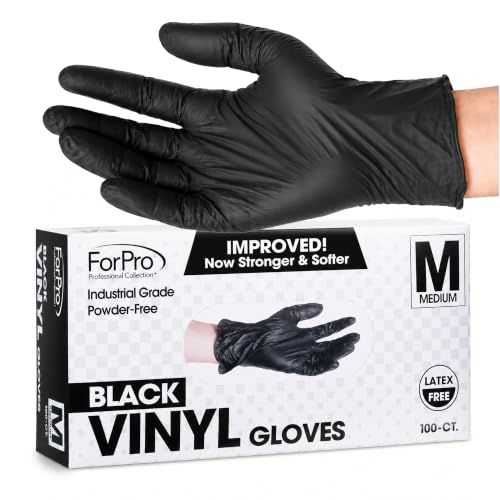 ForPro Disposable Vinyl Gloves, Industrial Grade, Powder & Latex Free, Non-Sterile, Food Safe, 2.75 Mil Palm, 3.9 Mil Fingers - color: Black, size: Medium (Pack of 100)