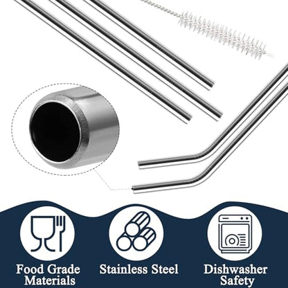 12 Pack of Reusable Stainless Steel Metal Straws, 3 Straight + 3 Bent 10.5 Inch and 3 Straight + 3 Bent 8.5 Inch Metal Straws with 2 Cleaning Brushes for 20 24 30 oz Tumbler Dishwasher Safef