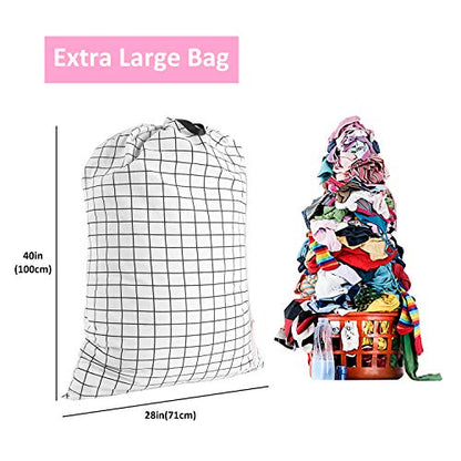SWISSELITE Heavy Duty Laundry Drawstring Bag with Strap, 28 x 40 Inches Travel Dirty Clothes Bag for Laundromat and Household, 6 Color - color: Check White-Black Line