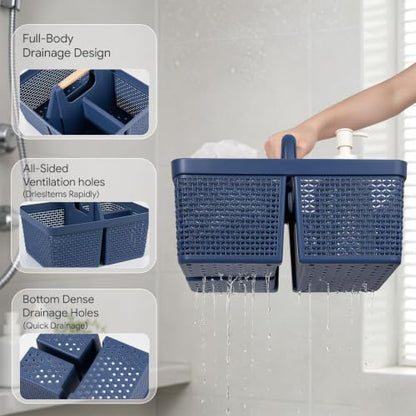 UUJOLY Portable Plastic Shower Caddy Basket with Wooden Handle, Dark Blue - color: Dark Blue
