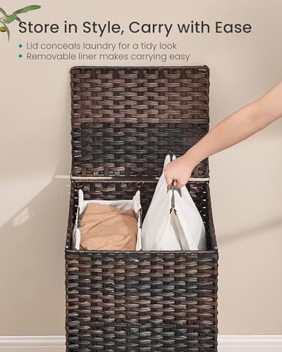 SONGMICS 2-Section Laundry Hamper with Lid, PE Rattan, 29 Gallons (110 L) - color: Chestnut Brown, size: 110 L (2 Basket)