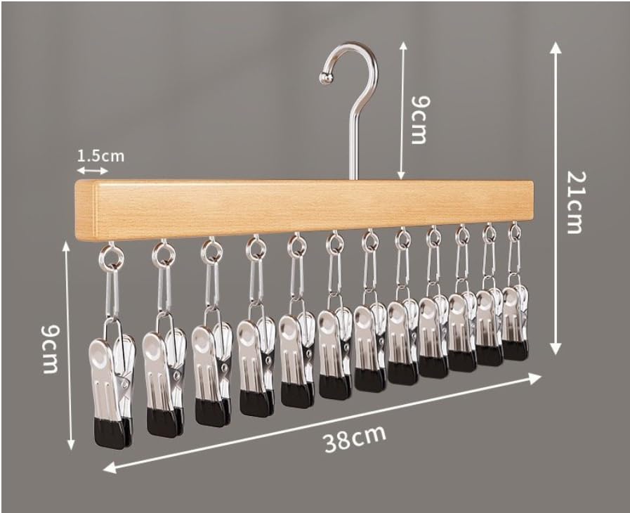 Multi‑Clip Hanger with 12 Anti‑Slip Metal Clips Wood Colour - color: Wood Colour