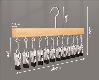 Multi‑Clip Hanger with 12 Anti‑Slip Metal Clips Wood Colour - color: Wood Colour