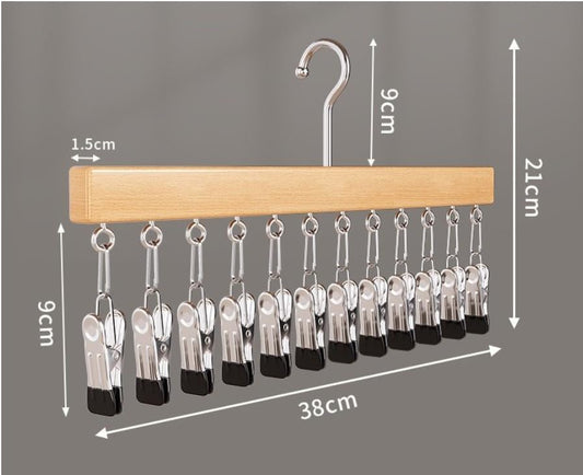 Multi‑Clip Hanger with 12 Anti‑Slip Metal Clips Wood Colour - color: Wood Colour